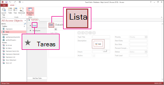 Tabla Tasks y vista List en diseño de aplicación