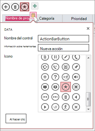 Cuadro de diálogo Datos de una acción personalizada en una hoja de datos web