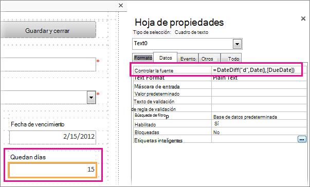Especificación de la función DateDiff en la propiedad Origen del control de un cuadro de texto.