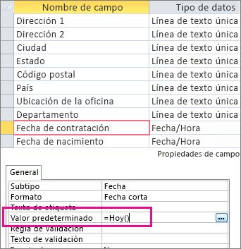 Configuración del valor habitual de un campo Fecha y hora de una tabla de Access.