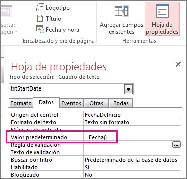Hoja de propiedades que muestra la propiedad Valor predeterminado configurada en Date().