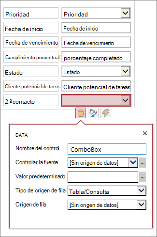 Estado inicial del cuadro de propiedades de un control de lista combinada