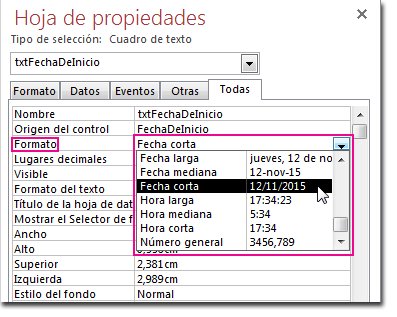 Imagen de la hoja de propiedad con la lista desplegable Formato visualizada.