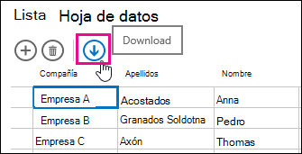 Botón de acción Descargar en Excel, en la vista Hoja de datos