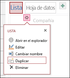 Menú Configuración con Abrir en el explorador, Editar, Cambiar el nombre, Duplicar y Eliminar
