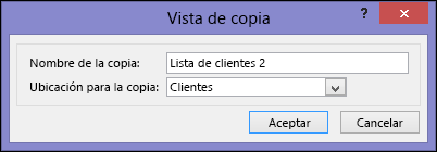 Cuadro de diálogo Duplicar vista que muestra el nombre de cuadro duplicado y una ubicación para cuadros duplicados.