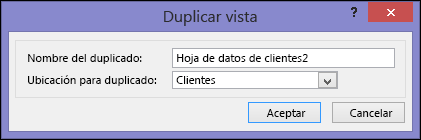 Cuadro de diálogo Duplicar vista que muestra el nombre de cuadro duplicado y una ubicación para cuadros duplicados.