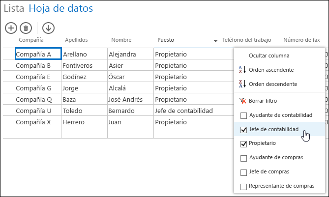 Opciones de filtro para la columna Puesto de la hoja de datos