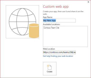 El cuadro de diálogo de nueva aplicación web personalizada que muestra el sitio del grupo Contoso en el cuadro Ubicaciones disponibles.