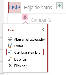 Menú Configuración con Abrir en el explorador, Editar, Cambiar el nombre, Duplicar y Eliminar