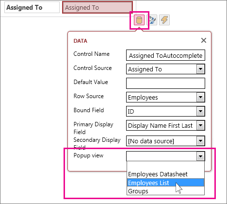 Seleccionar una vista emergente para un Control de Autocompletar