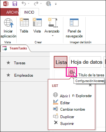 Botón Configuración de la vista/Acciones