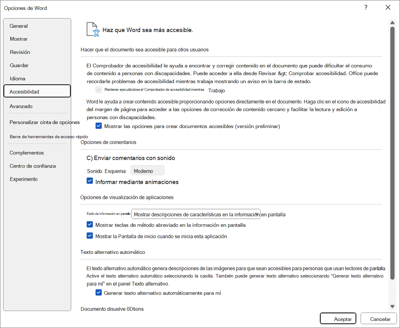 Pantalla de la configuración de asistente de accesibilidad.
