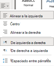 Menú para alinear texto en OneNote para la Web.