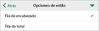 Comando de opciones de estilo, con la fila de encabezado seleccionada