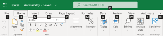 Sugerencias de teclas de la pestaña de la cinta de opciones en Excel para la Web.