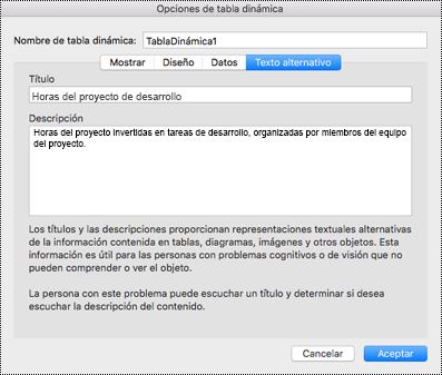 Cuadro de diálogo Texto alternativo para una Tabla dinámica de Excel.