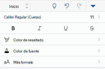 Opciones de formato de fuente en Word para iOS.