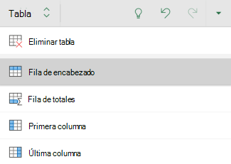 Opción Fila de encabezado seleccionada para una tabla de Excel para Android