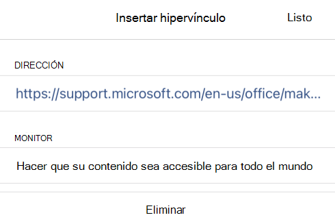 El cuadro de diálogo Insertar hipervínculo en OneNote para iOS que muestra el texto para mostrar del vínculo Haga que el contenido sea accesible para todos los usuarios y su dirección URL del vínculo.