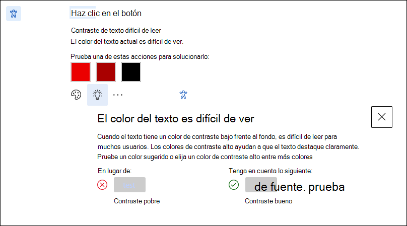 Pantalla de sugerencias de aprendizaje para el problema de accesibilidad.