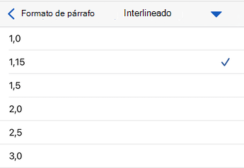 Opciones de interlineado en Word para iOS.
