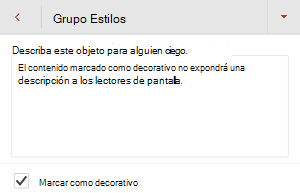 Cuadro de diálogo Texto alternativo que muestra la casilla Marcar como decorativo seleccionada en PowerPoint para Android.