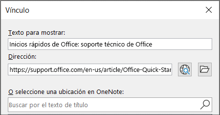 Captura de pantalla del cuadro de diálogo de vínculos en OneNote. Contiene dos campos para rellenar: Texto para mostrar y dirección.
