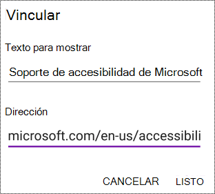 Cuadro de diálogo Agregar hipervínculo en OneNote para Android
