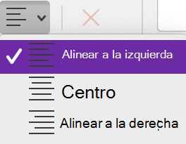 Menú Alineación de párrafo en OneNote para Mac.