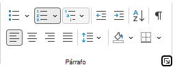 Grupo Párrafo en la cinta de opciones de Outlook.