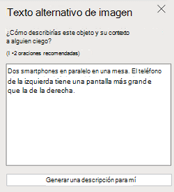 Panel Texto alternativo de imagen en PowerPoint para la web.