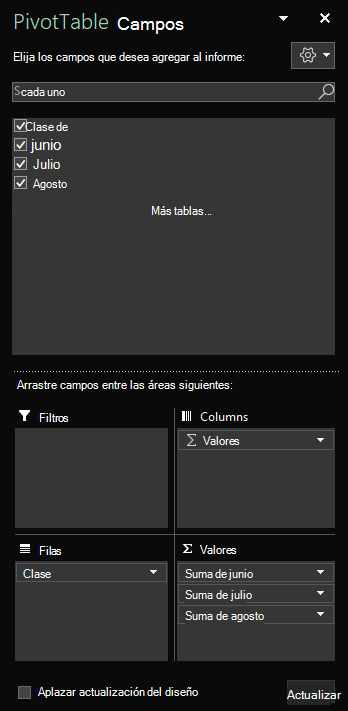 Panel Campos de tabla dinámica abierto en Excel para Windows que muestra los campos de tabla seleccionados.