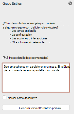 El panel Texto alternativo en PowerPoint para Mac.