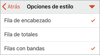 Menú de encabezado de la tabla en PowerPoint para iOS.