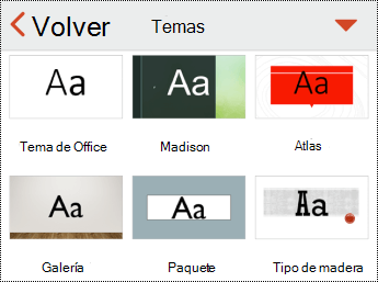 Menú Temas en PowerPoint para iOS.
