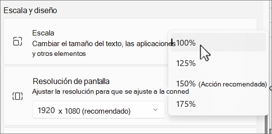 Captura de pantalla de opciones de escala y diseño.