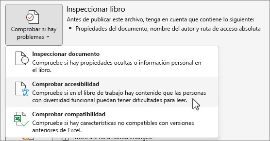 Comprobar si hay problemas & elemento de menú Comprobar accesibilidad