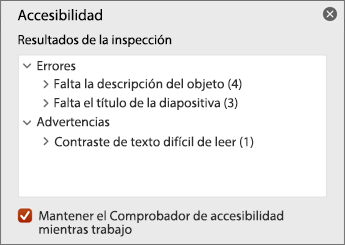 Panel de resultados de la inspección