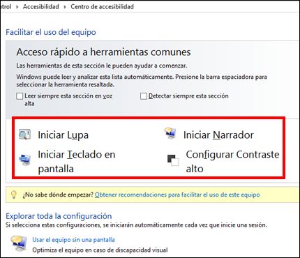 Cuadro de diálogo del centro de accesibilidad de Windows, donde puede elegir tecnologías de asistencia