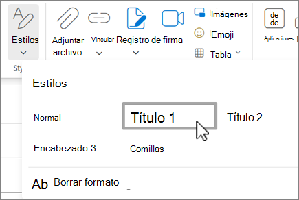 El menú Estilos de Outlook en la Web.