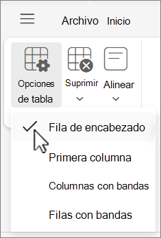 Menú Opciones de tabla que muestra la opción Fila de encabezado seleccionada en Outlook en la Web.