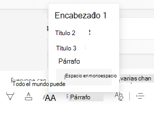 El botón Estilos y la lista en Microsoft Teams.