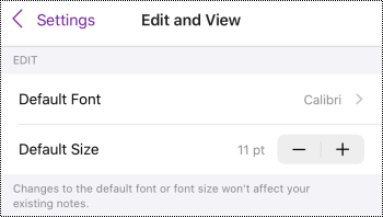 El menú Editar y ver en la configuración de OneNote para iOS.