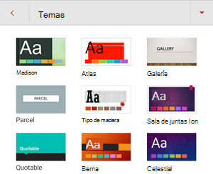 Menú Temas de PowerPoint para Android.