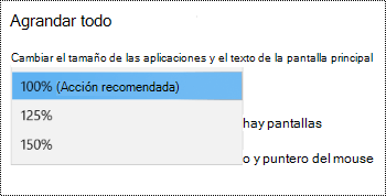 Página de configuración de pantalla de Windows en Configuración de Accesibilidad que muestra la opción Hacer todo más grande con el menú desplegable expandido.