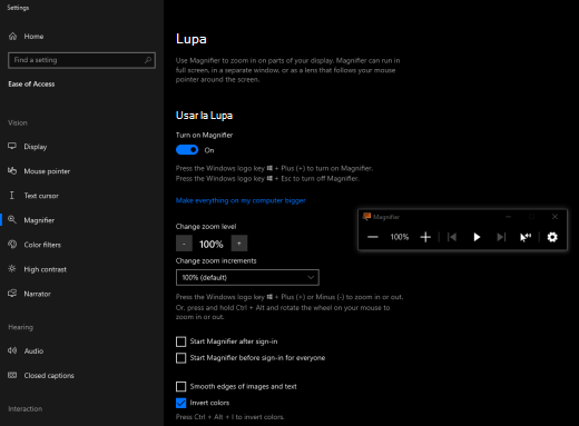 Colores de pantalla invertidos con la Lupa activada en Windows.
