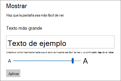 Configuración de Accesibilidad de Windows que muestra el control deslizante Aumentar tamaño del texto en la pestaña Pantalla.