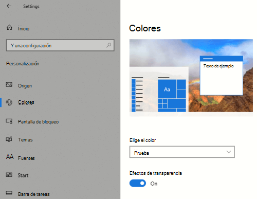La opción transparencia de Windows en la configuración de personalización.