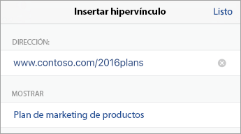 Comando Vincular, que muestra la dirección URL y el texto que se va a mostrar